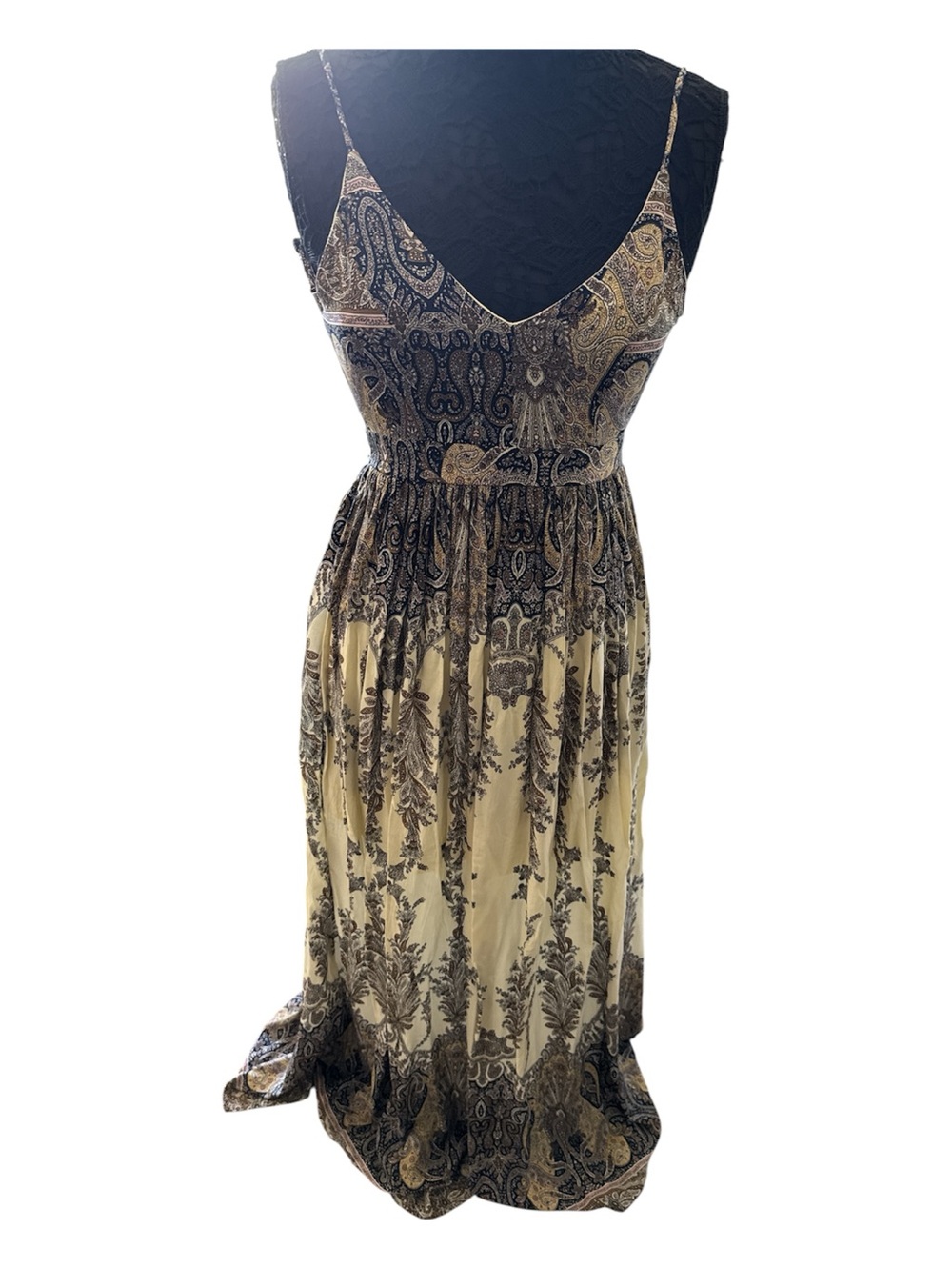 Boho Paisley Maxi Dress in Beige and Black size M
